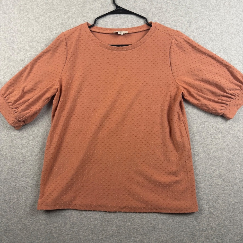 LOFT Outlet Knit Top Womens Medium Terracotta Orange Clip Dot Puff Sleeve